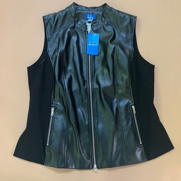 La Lure Womens 2X Black Faux Leather Vest Sleeveless Moto Jacket New Biker Zip - Picture 1 of 13
